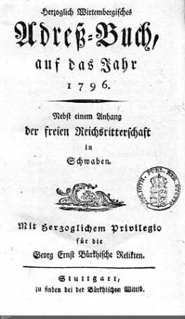 1796: Württembergisches Adressbuch, 1796