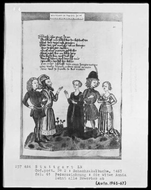 Schachzabelbuch des Konrad von Ammenhausen — Eine junge Witwe als Muster ehelicher Treue - sie lehnt weitere Freier ab, Folio 61recto
