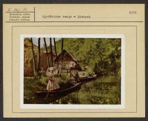 Spreewaldmotiv für Ansichtskarte: Festtagstracht aus dem Spreewald und Landschaft. : Motiw za pohladnicu: Swjedźenska drasta Błótowčankow a Błótowska krajina.