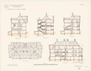 Offiziersheim Taunus, Falkenstein Wohnhaus für 12 Offiziere (östlich): Grundriss Sparrenlage, Längsschnitt, Querschnitte 1:100