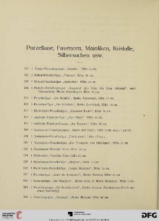 Porzellane, Fayencen, Majoliken, Kristalle, Silbersachen usw. (Nr. 311-504)