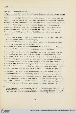 9: Design und Rationalisierung - Aufgabenfelder für interdisziplinäre fachmethodische Forschungen