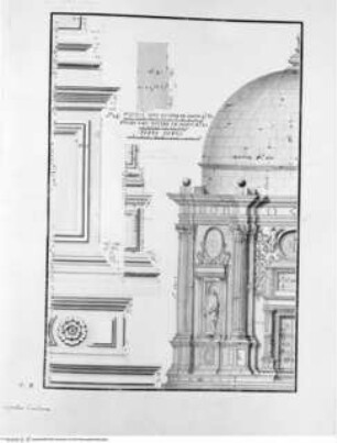 Cappella Emiliana nell'isola di S. Michiele di Murano, e quella di S. Anna nell'isola della Grazia, misurate e disegnate da me Tommaso Temanza., Tafel II: San Michele in Isola, Cappella Emiliana, Aufriss Außenansicht, Architekturdetails, Maßangaben