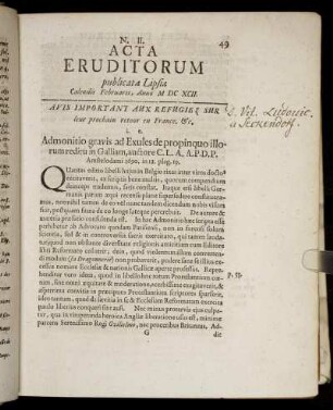 N. II. [...] Calendis Februarii, Anno M DC XCII.