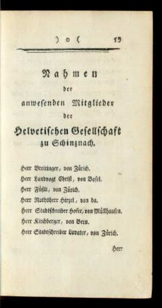 Nahmen der anwesenden Mitglieder der Helvetischen Gesellschaft zu Schinznach