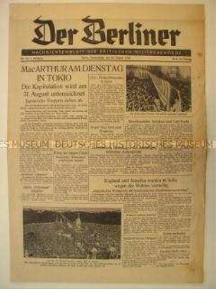 Tageszeitung der britischen Militärbehörde für die Berliner Bevölkerung u.a. mit Bildern von den Siegesfeiern in London und New York nach der Kapitulation Japans