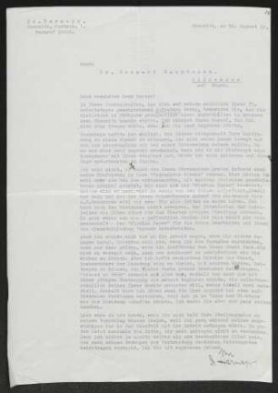 Brief von A. Harnapp an Gerhart Hauptmann