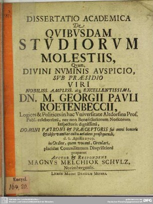 Dissertatio Academica De Quibusdam Studiorum Molestiis