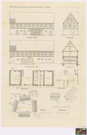 Mohorn (Kreis Dresden): Hof Küchenmeister. - Lageplan mit Haupthaus (Aufsicht), Dung (Aufsicht), zwei Scheunen (zwei Aufsichten), Torhaus mit Pferde- und Schweinestall (Aufsicht), Brunnen. - Torhaus (Nord-Hof-Seiten-Ansicht, West-Giebel-Ansicht, Süd-Seiten-Ansicht, Querschnitt A-B, Grundriss des Erdgeschosses). - Türbogen an der Eingangstür (Ansicht, Schnitt). - Beschläge an der Eingangstür (Ansicht, Schnitt). - Hausecke (zwei Teil-Ansichten)