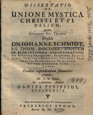 Dissertatio De Unione Mystica Christi Et Fidelium