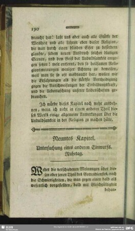 Neuntes Kapitel. Untersuchung eines anderen Einwurfs. Ruhetag