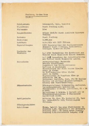 Stadttheater, Freiburg: Schriftstück zum Fragebogen für das Handbuch »Das Deutsche Theater«