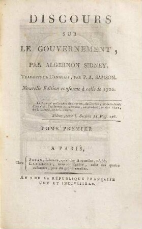 Discours Sur Le Gouvernement, Tome Premier