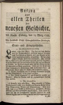 XII. Nachl. Coburg, den 25. Merz, 1758.