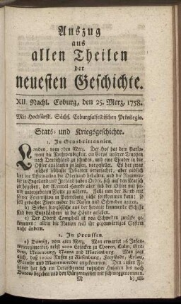 XII. Nachl. Coburg, den 25. Merz, 1758.