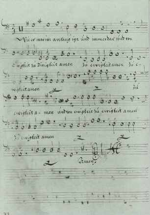 Schütz, Heinrich: Der 119. Psalm in elf Stücken : Schütz, Heinrich: Der 119. Psalm in elf Stücken ... SWV 482-492. Letzte Notenseite aus dem Stimmbuch Bassus primi Chori. Autographe Handschrift mit Monogramm "HSC". Dresden, 1671. Holzschnitt, Buchdruck; ca. 26,7 x 18,8 cm. Dresden: SLUB Mus.1479-E-504