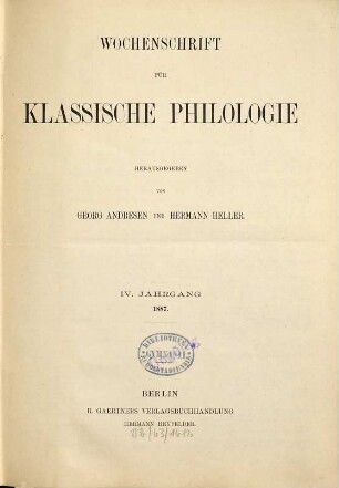 Wochenschrift für klassische Philologie, 4. 1887