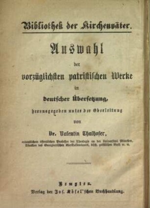 Bibliothek der Kirchenväter : eine Auswahl patristischer Werke in deutscher Übersetzung. 20