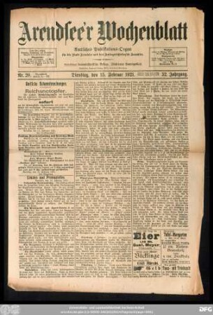 Arendsee'r Wochenblatt, Nr. 20. Dienstag, den 15. Februar 1921.