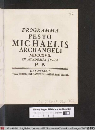 Programma Festo Michaelis Archangeli MDCCXVII. In Academia Jvlia P. P.