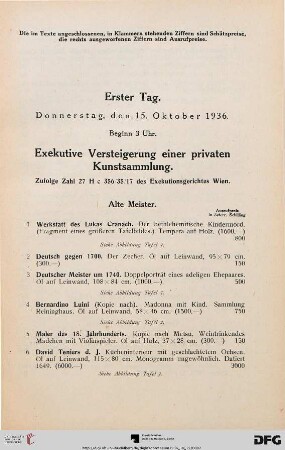 Erster Tag. Donnerstag, den 15. Oktober 1936. Beginn 3 Uhr. (Nr. 1-179)