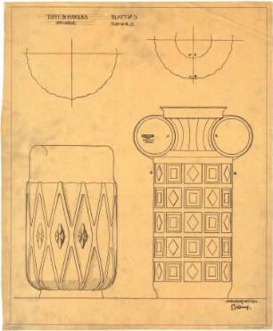 Billing, Hermann; Karlsruhe (Baden-Württemberg); Majolika-Entwürfe, Großherzogliche Manufaktur - Töpfe in Majolika, Topf Nr. 4, 5 (Ansichten; Schnitte)