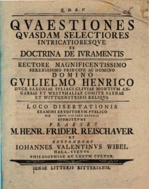 Qvaestiones qvasdam selectiores intricatioresqve ex doctrina de ivramentis