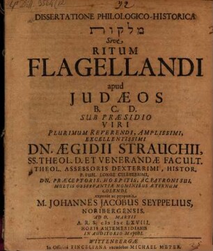 Dissertatione philologico-historica Malqât sive ritum flagellandi apud Judaeos