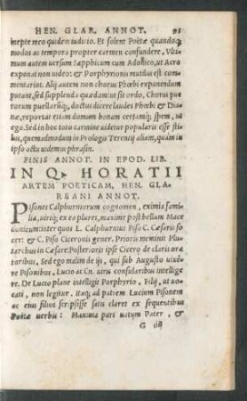 In Q. Horatii Artem Poeticam, Hen. Glareani Annot.