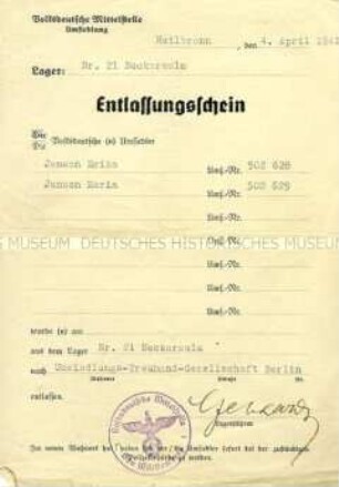 Entlassungsschein aus dem Umsiedler-Lager Nr. 21 für "Volksdeutsche" in Neckarsulm