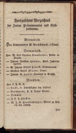 Fortgesetztes Verzeichnis der Herren Pränumeranten und Subscribenten.