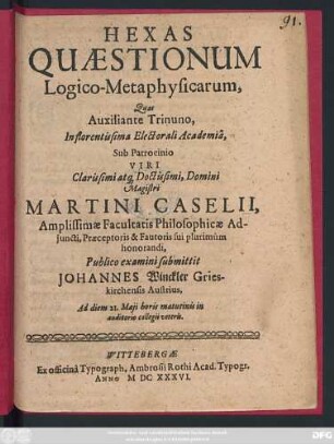Hexas Quaestionum Logico-Metaphysicarum