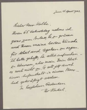Brief von Erich Heckel an Georg Kolbe
