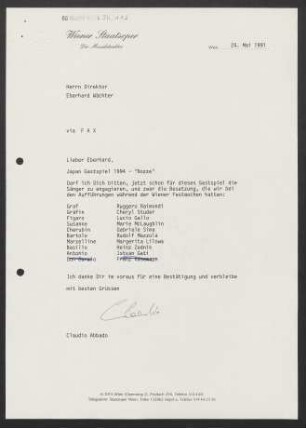 Brief an Eberhard Wächter an Wiener Staatsoper, 24.05.1991
