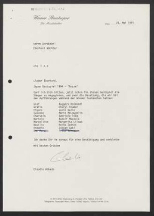 Brief an Eberhard Wächter an Wiener Staatsoper, 24.05.1991