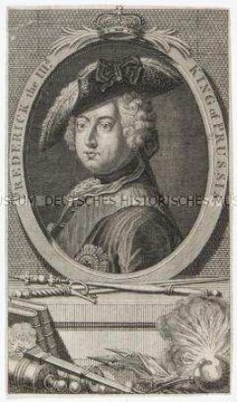 Bildnis des jungen Friedrich II. von Preußen in ovalem Rahmen mit allegorischem Beiwerk - auf dem Blatt die fehlerhafte Bezeichnung des Herrschers als Friedrich III.