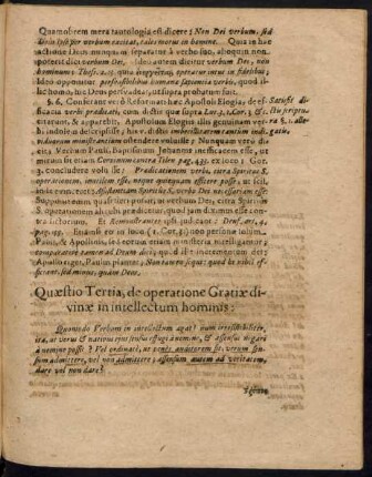 Quaestio Tertia, de operatione Gratiae divinae in intellectum hominis.