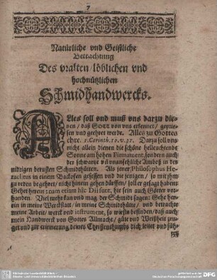 Natürliche und Geistliche Betrachtung Desz Uralten/löblichen und hochnützlichen Schmidhandercks.