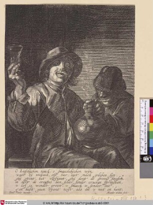 [Zwei Männer, der eine ein Glas erhebend, der andere im Hintergrund rauchend; Two peasants, one smoking, the other with a glass in his hand]