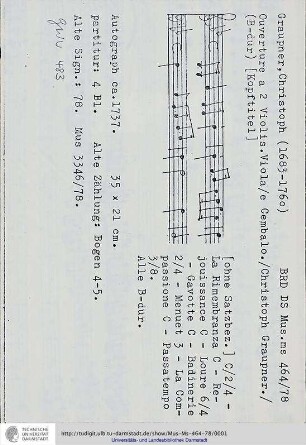 Ouverture a 2 Violin. Viola / e Cembalo. / Christoph Graupner.