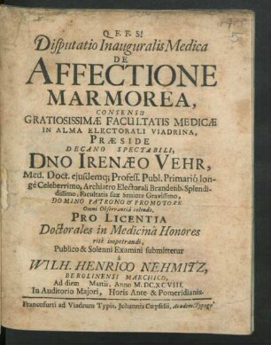 Disputatio Inauguralis Medica De Affectione Marmorea