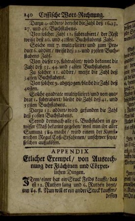 Appendix Etlicher Exempel von Ausrechnung der Flächinen und Cörper