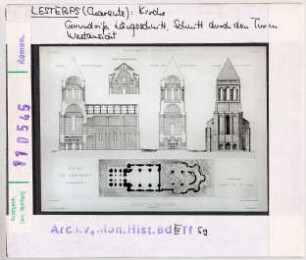 Lesterps: Abteikirche, Grundriss, Längsschnitt, Schnitt durch Turm, Westansicht