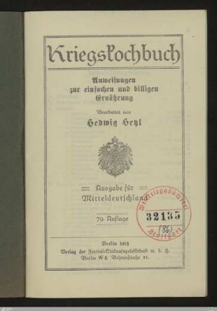 Kriegskochbuch : Anweisungen zur einfachen und billigen Ernährung
