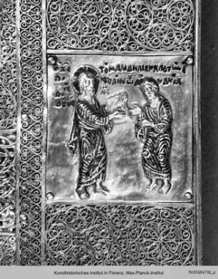 Mandylion : Äußerer Paläologischer Rahmen mit Szenen der Mandylion-Legende : Christus gibt das Tuch mit dem Sacro Volto und einen Brief an Anania