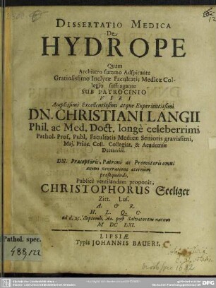 Dissertatio medicade hydrope