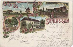 Liebschützberg-Sahlassan. Ortsansichten mit Bockmühle, kolorierte Ansichtskarte