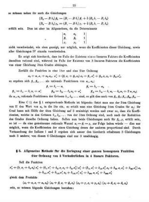 § 3. Allgemeine Methode für die Zerlegung einer ganzen homogenen Funktion 4ter Ordnung von 3 Veränderlichen in 4 lineare Faktoren.