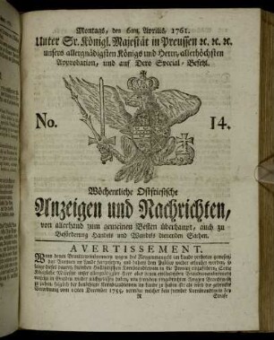 No. 14. Montags, den 6ten Aprilis, 1761.