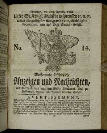 No. 14. Montags, den 6ten Aprilis, 1761.